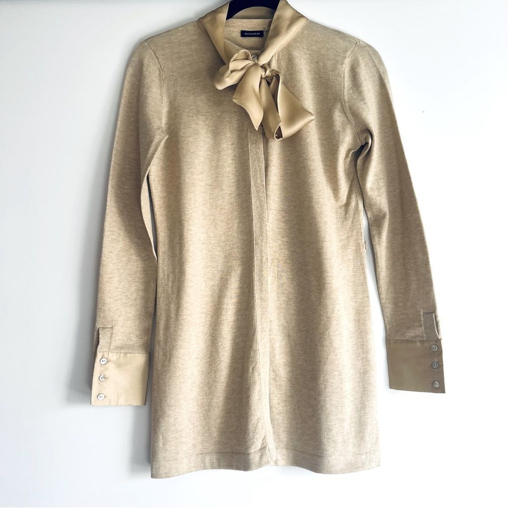 Magaschoni Long Silk Bow Accented Cardigan in Golden-Beige-Cream No Belt Size XS